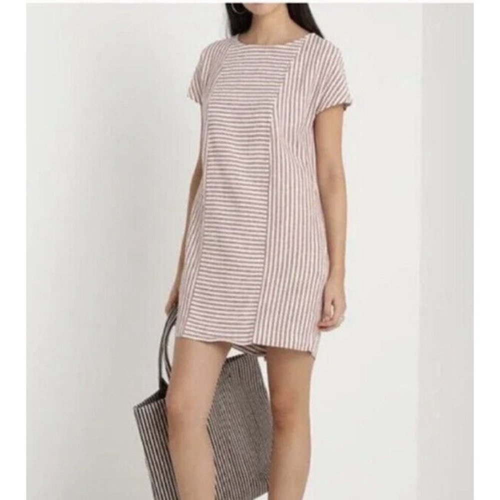 Madewell S Red White Stripe Play Button Back Linen Blend Shift Mini Dress G5305 - Picture 2 of 11